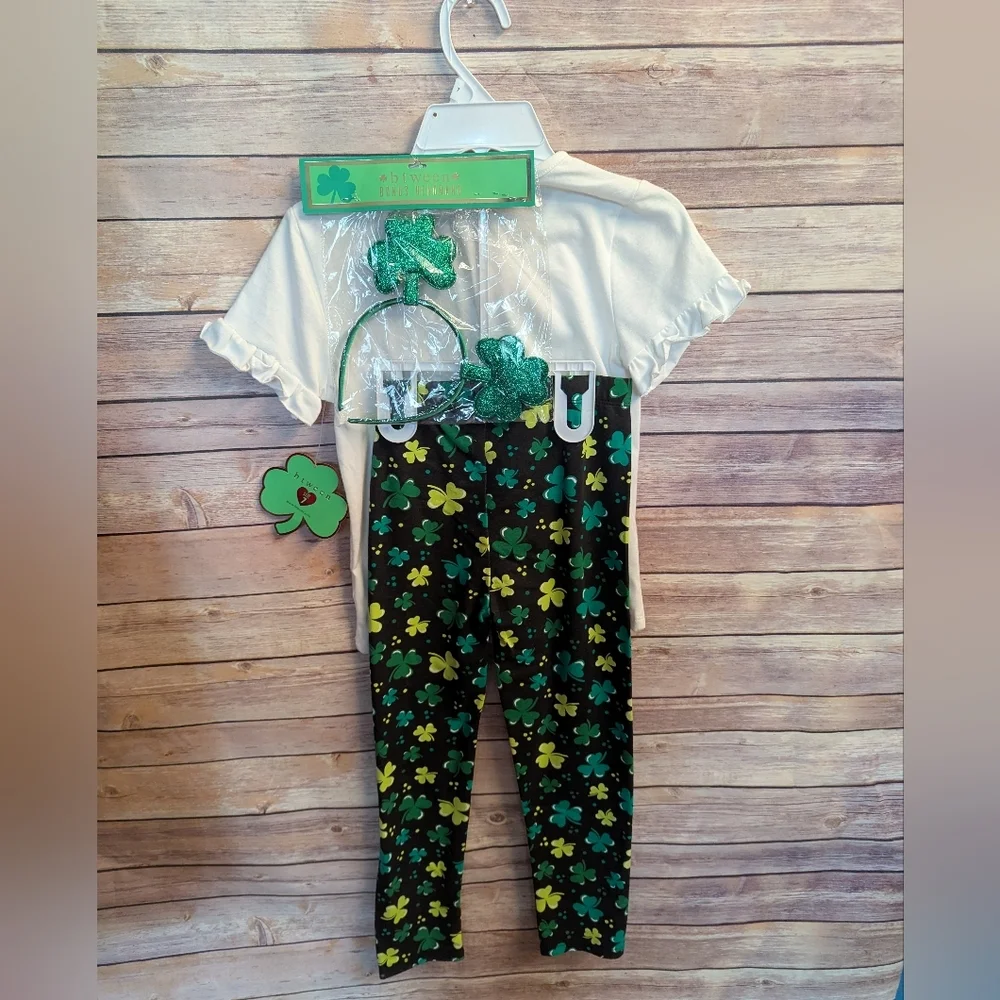St. Patrick's Day Glitter Top  with Shamrock Leggings And Headband Kids Size 7 - Picture 3 of 6